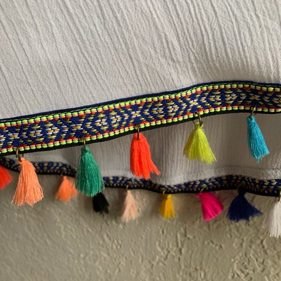 White swim cover up, dress, multicolor fringe, fits Large to 2X - Picture 2 of 10